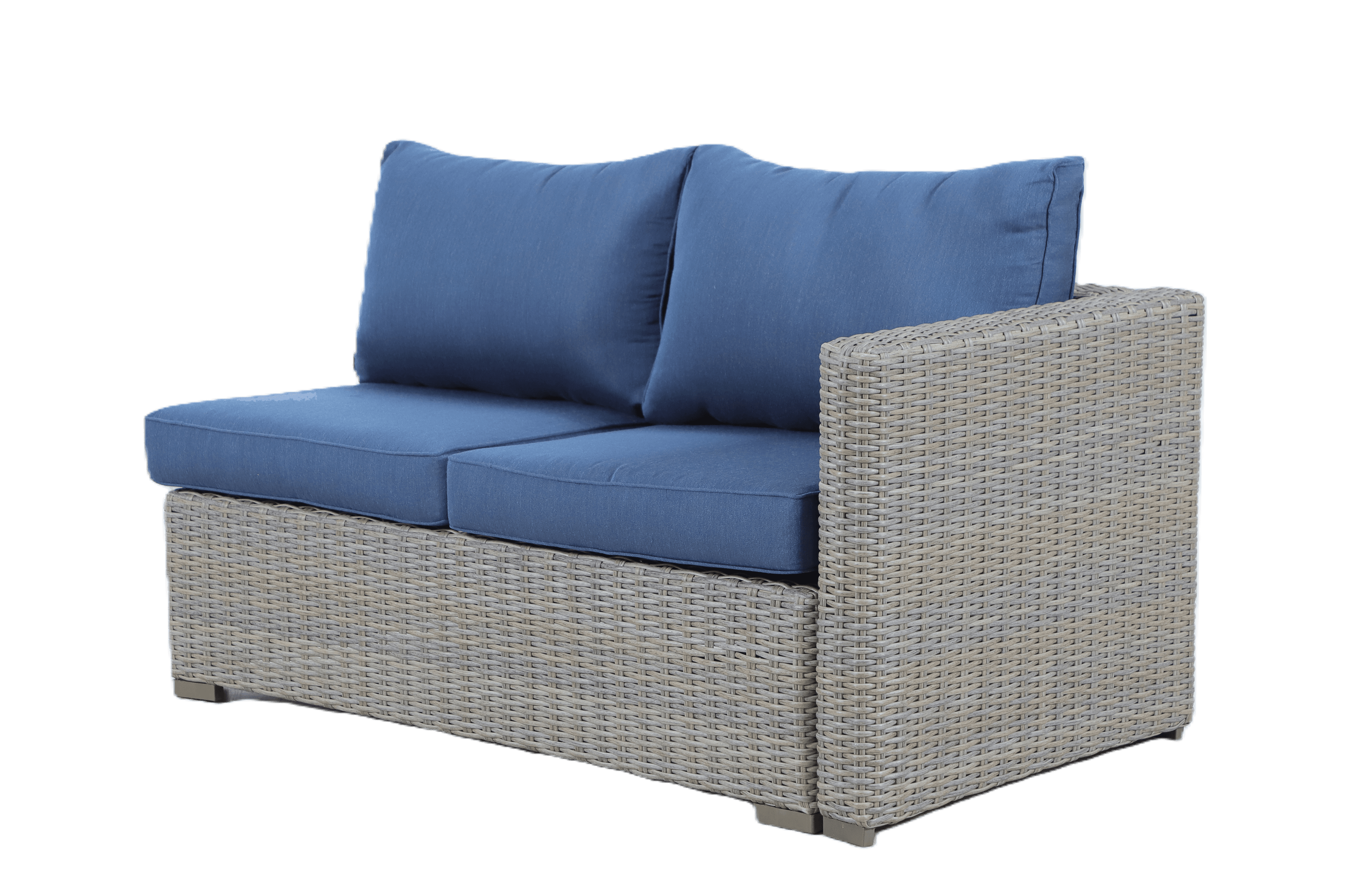 A two-seater outdoor sectional sofa component featuring a light brown and grey synthetic rattan woven frame with two blue fabric seat cushions and two matching back cushions, and a single right-side armrest. — 3D model
