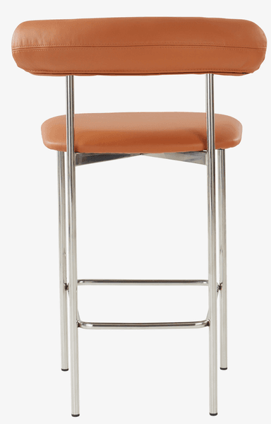A modern bar stool featuring a square upholstered seat and a curved, cylindrical backrest, both covered in tan leather. The seat and back are supported by a sleek frame constructed from polished chrome tubular metal, which also forms an integrated square footrest for comfort. — 3D model