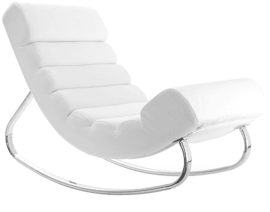 A modern white rocking chaise lounge featuring segmented, horizontally tufted upholstery and a sleek, curvilinear polished chrome frame that also functions as the rocking mechanism. — 3D model