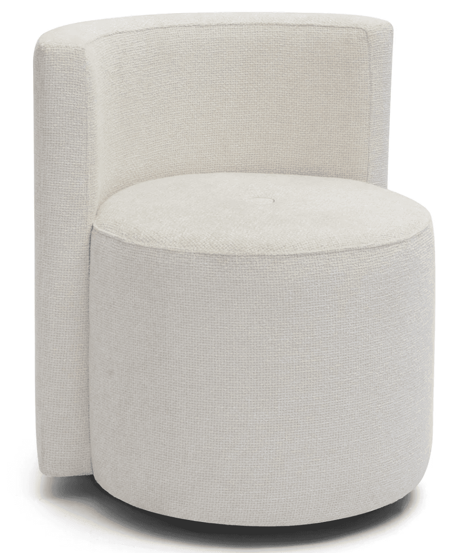 A modern, rounded armchair upholstered in a textured, cream-colored fabric with a cylindrical base, suggesting a swivel mechanism. — 3D model