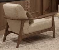 A modern single-seater lounge chair featuring a light-colored upholstered seat and back, supported by a dark wooden frame. — 3D model