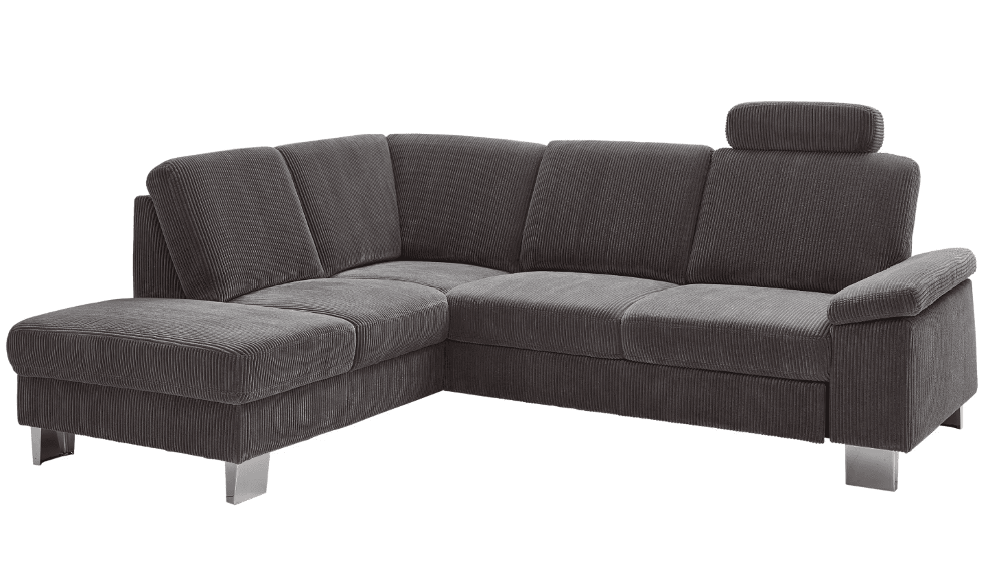 A contemporary L-shaped sectional sofa in dark gray ribbed fabric, featuring a permanent chaise lounge extension on the left side and adjustable headrests on certain sections, supported by polished metal block feet. — 3D model