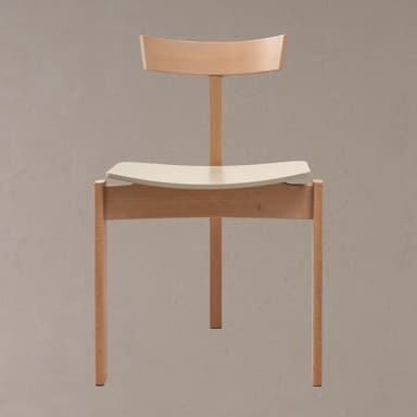 A modern dining chair with a curved backrest and a gently contoured seat. The chair features a wooden frame constructed from light-colored wood. The seat appears to be made of a contrasting material, possibly a molded plastic or a light-colored wood veneer, and is set within the wooden frame. The backrest is also wood and curves upward from a central vertical support. The legs are straight and tapered slightly. — 3D model