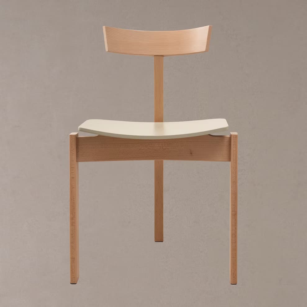 A modern dining chair with a curved backrest and a gently contoured seat. The chair features a wooden frame constructed from light-colored wood. The seat appears to be made of a contrasting material, possibly a molded plastic or a light-colored wood veneer, and is set within the wooden frame. The backrest is also wood and curves upward from a central vertical support. The legs are straight and tapered slightly. — 3D model