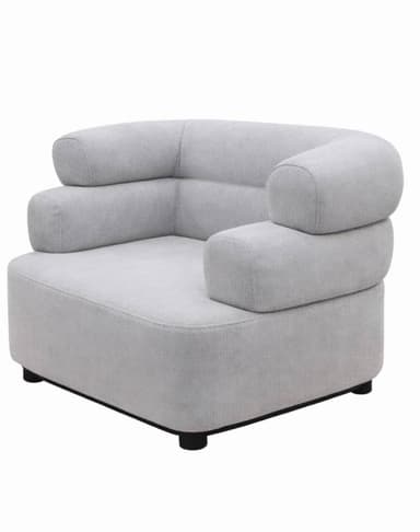 A contemporary armchair with a rounded, enveloping design. The chair features a thick, upholstered seat and backrest with a curved, continuous form. The base is low-profile, supported by small, dark legs. — 3D model