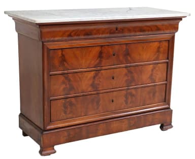A rectangular chest of drawers featuring a white marble top, a shallow frieze drawer, and three larger drawers below. Constructed from richly figured wood, likely mahogany or burr wood, with a warm reddish-brown finish. The piece rests on a plinth base with small bun feet. — 3D model