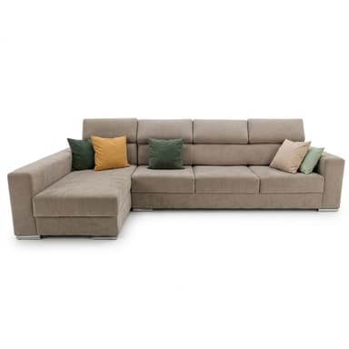 A large, contemporary L-shaped sectional sofa upholstered in a light taupe or beige fabric. It features a long chaise on the left side, segmented backrests, and is supported by sleek, low-profile polished metal feet. Several accent throw pillows in green and mustard yellow are placed on the sofa. — 3D model