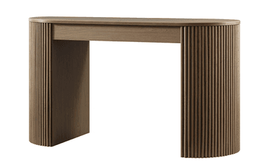 A contemporary semicircular console table crafted from light-toned wood. It features a smooth, half-moon shaped tabletop and two robust, fluted pedestal-style supports that are also rounded on their outer faces, creating a unified and textural aesthetic. The design is minimalist yet detailed, with a consistent wood grain visible across all surfaces. — 3D model