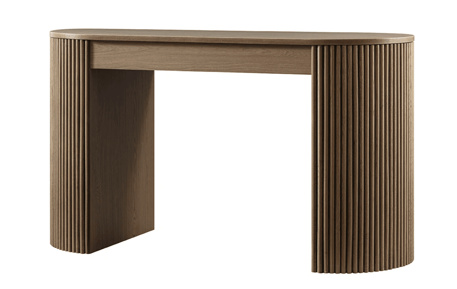 A contemporary semicircular console table crafted from light-toned wood. It features a smooth, half-moon shaped tabletop and two robust, fluted pedestal-style supports that are also rounded on their outer faces, creating a unified and textural aesthetic. The design is minimalist yet detailed, with a consistent wood grain visible across all surfaces. — 3D model