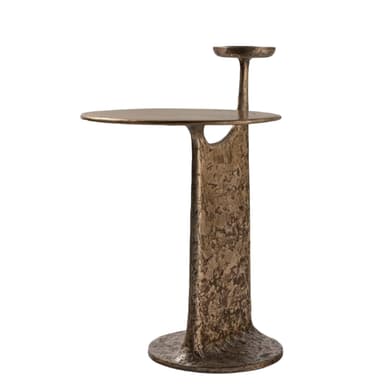 A sculptural accent table made of cast metal with a patinated bronze finish. It features a round base, a central textured column, and two circular tabletop surfaces at different heights, creating a unique two-tier design. — 3D model