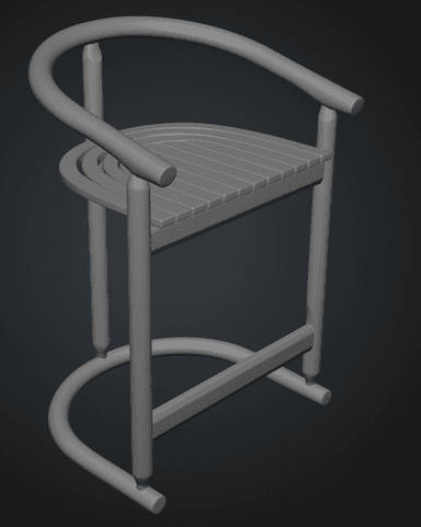 A tall, contemporary bar stool rendered in a uniform grey tone, featuring a distinctive rounded backrest that flows into armrests and a slatted seat. The design incorporates a circular footrest for user comfort. — 3D model
