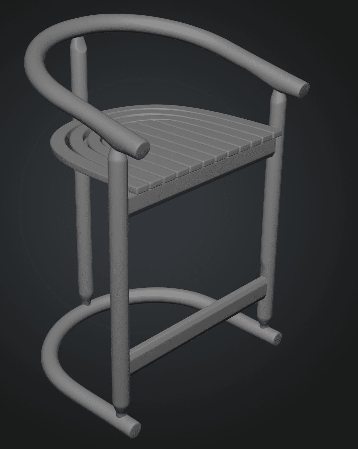 A tall, contemporary bar stool rendered in a uniform grey tone, featuring a distinctive rounded backrest that flows into armrests and a slatted seat. The design incorporates a circular footrest for user comfort. — 3D model