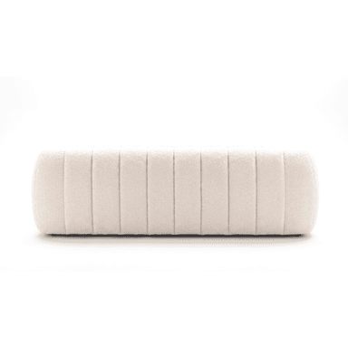 A contemporary off-white boucle channel-tufted sofa with rounded arms and two matching throw pillows. — 3D model