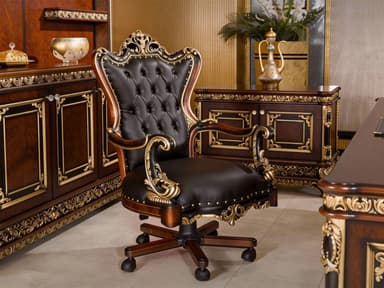 An opulent, high-back executive office chair in a Baroque style, featuring dark brown button-tufted leather upholstery, an intricately carved dark wood frame with extensive gilded gold accents, and a five-star swivel base with casters for mobility. — 3D model