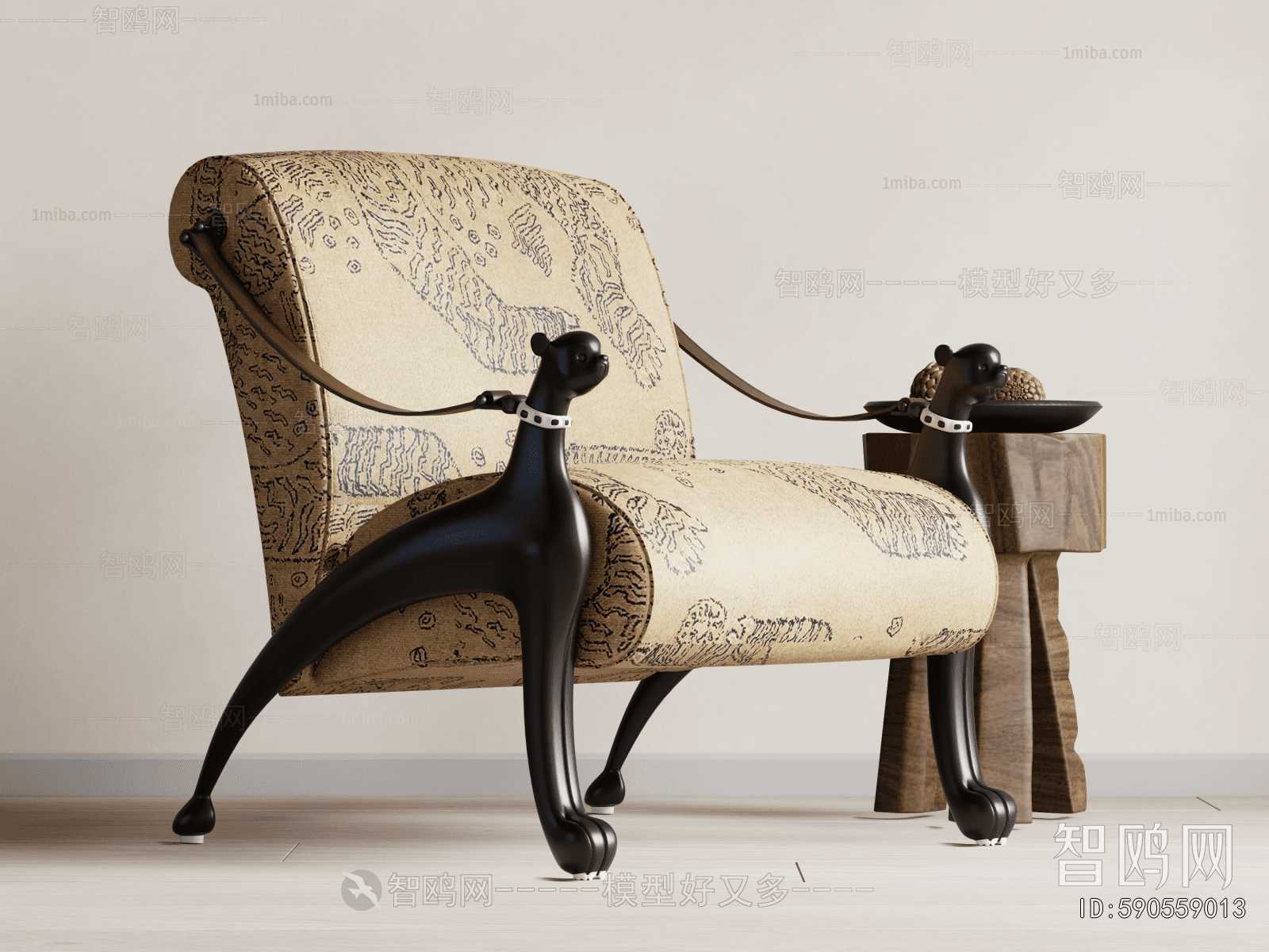 An ornate armchair featuring a padded seat and backrest upholstered in a light-colored fabric with a detailed animal-themed pattern. The armrests are sculpted from dark-lacquered wood into the shape of seated animal figures with collars, connected to the backrest by brown leather straps. The chair stands on four dark-lacquered wooden legs with an organic, paw-like design. — 3D model