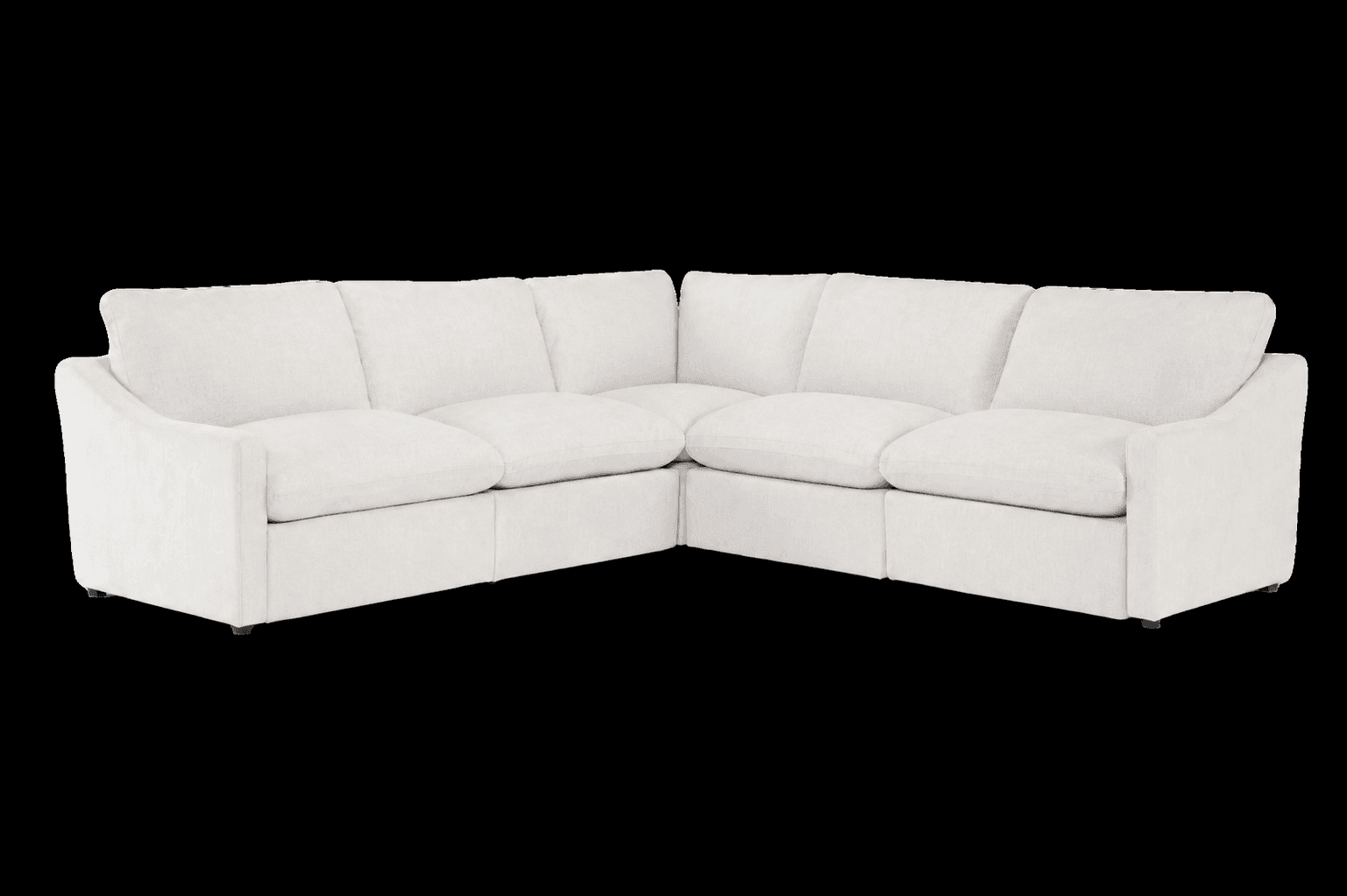 A modern corner sectional sofa upholstered in a light, off-white fabric. The sofa features a low-profile design with wide, plush seat and back cushions, creating a comfortable and inviting aesthetic. It appears to be composed of modular units, forming a right-angle configuration. — 3D model