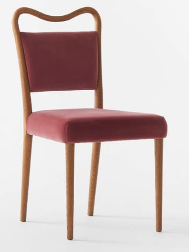 A contemporary dining chair featuring a gracefully curved wooden frame and plush velvet upholstery. The chair has a medium-toned wooden structure with a subtly curved backrest that flows into the rear legs, and straight tapered front legs. Both the seat and the backrest are upholstered in a rich, reddish-pink velvet fabric. — 3D model