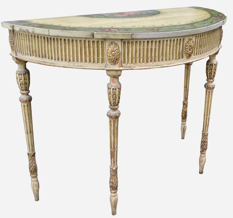 A semi-circular console table with four tapered legs. The table features a decorative painted scene on its surface and an ornate, slatted apron with floral rosettes at the corners where the legs attach. The legs are carved with intricate detailing. — 3D model