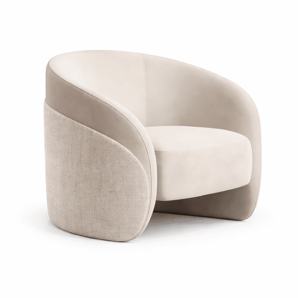 A modern armchair with a curved, rounded silhouette. The chair features a high back that wraps around to form integrated armrests. The exterior of the chair is divided into two distinct textured sections: a smooth, matte fabric on the upper curve and a more textured, woven fabric on the lower, cylindrical sides. The seat cushion is plush and appears to be upholstered in a soft velvet-like material. The overall design suggests a contemporary and comfortable seating option. — 3D model