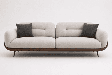 A modern two-seater sofa featuring a clean, minimalist design with a two-tone upholstery. The main body and back cushions are upholstered in a light, textured fabric, while the lower side panels and base are covered in a contrasting brown leather-like material. It has rounded armrests and sits on slender, tapered dark metal legs. — 3D model