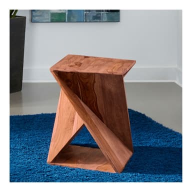 A wooden end table with a unique, angular geometric design. The structure features an open triangular void created by intersecting planes. The wood grain is prominent, showcasing variations in tone and texture, with visible knots. — 3D model