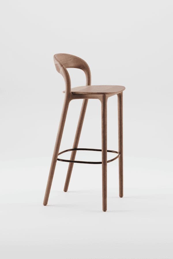 A tall, slender wooden bar stool featuring a gently curved, low backrest and a circular metal footrest. The design is contemporary and minimalist, with smooth, organic lines. — 3D model