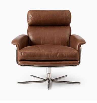 A brown leather armchair with a swivel base and a high back. The armchair features a polished metal frame and base, and the seat and back cushions are plush and appear to be filled with a soft material. The leather has a visible grain and a matte finish. — 3D model