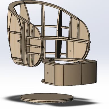 A 3D CAD rendering of a disassembled egg chair frame, composed of precisely cut plywood or engineered wood segments. The main chair shell is shown floating above a cylindrical base, which itself rests above a circular footplate. All components reveal their internal structural design, with interlocking segments forming the curved shapes. — 3D model