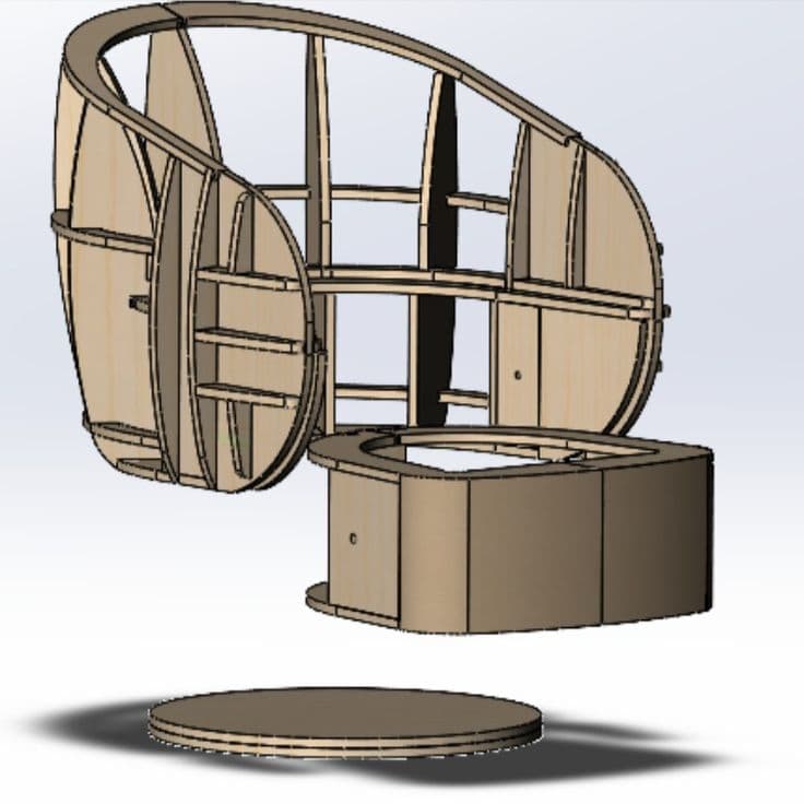 A 3D CAD rendering of a disassembled egg chair frame, composed of precisely cut plywood or engineered wood segments. The main chair shell is shown floating above a cylindrical base, which itself rests above a circular footplate. All components reveal their internal structural design, with interlocking segments forming the curved shapes. — 3D model