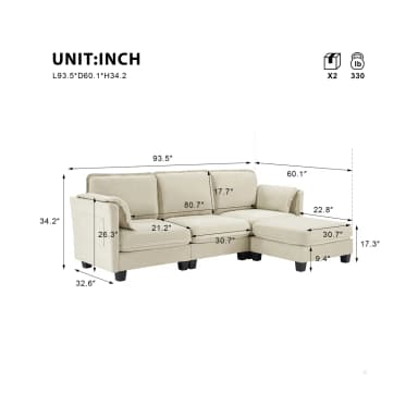A modern sectional sofa upholstered in light beige fabric, featuring a left-hand facing chaise. The sofa has three individual seat cushions and three back cushions with welt cord trim, and includes a small accent pillow on the left armrest. It is supported by dark, low-profile, tapered block feet. — 3D model