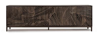 A long, low contemporary credenza featuring a dark-stained wood body with an intricately carved, undulating abstract pattern across its multiple door fronts, supported by a minimalist dark metal frame and slender legs. — 3D model