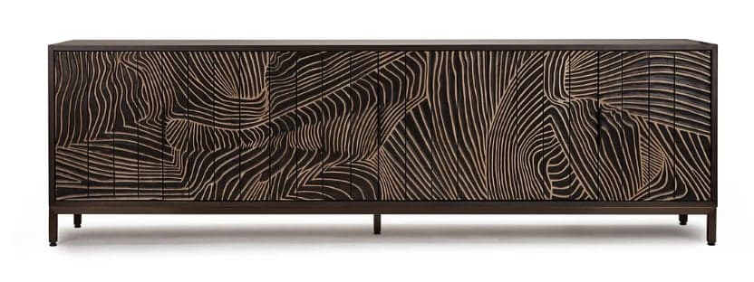 A long, low contemporary credenza featuring a dark-stained wood body with an intricately carved, undulating abstract pattern across its multiple door fronts, supported by a minimalist dark metal frame and slender legs. — 3D model