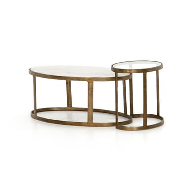 A nesting set of two coffee tables with oval tops. The larger table has an oval top and a base constructed from curved metal rods forming an elliptical shape. The smaller, nesting table has a round top and a similar metal base structure, designed to fit partially beneath the larger table. Both table tops appear to be made of a white veined material, likely marble or a marble-like composite, and are set within a metal frame. — 3D model