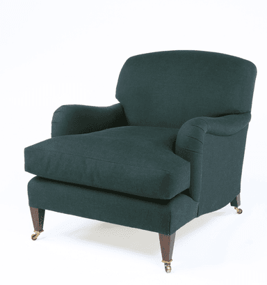 A deep green upholstered armchair with a curved back and rolled arms. It features a loose seat cushion and is supported by four wooden legs, with the front two legs equipped with brass casters. The upholstery appears to be a textured fabric. — 3D model