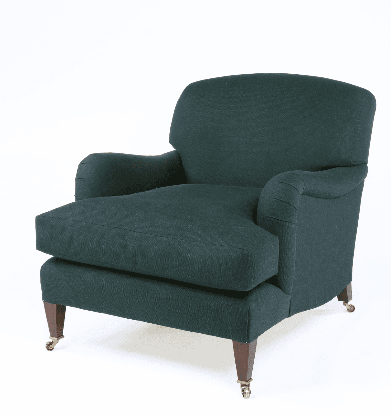 A deep green upholstered armchair with a curved back and rolled arms. It features a loose seat cushion and is supported by four wooden legs, with the front two legs equipped with brass casters. The upholstery appears to be a textured fabric. — 3D model