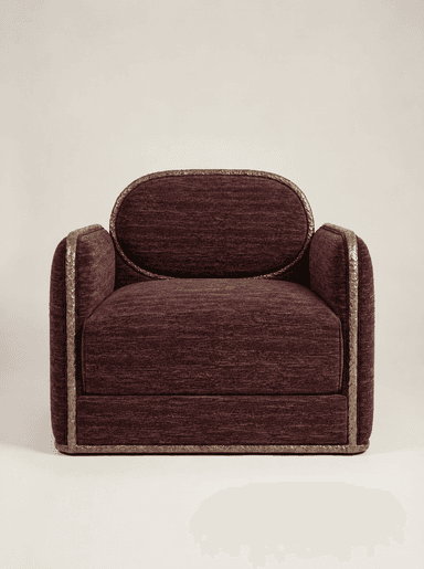 A contemporary upholstered armchair featuring a deep plum or burgundy textured fabric. It is characterized by a unique, decorative hammered metal frame that outlines the oval backrest, armrests, and base, providing a distinct stylistic element and material contrast. The seat cushion is integrated, presenting a substantial and refined form. — 3D model