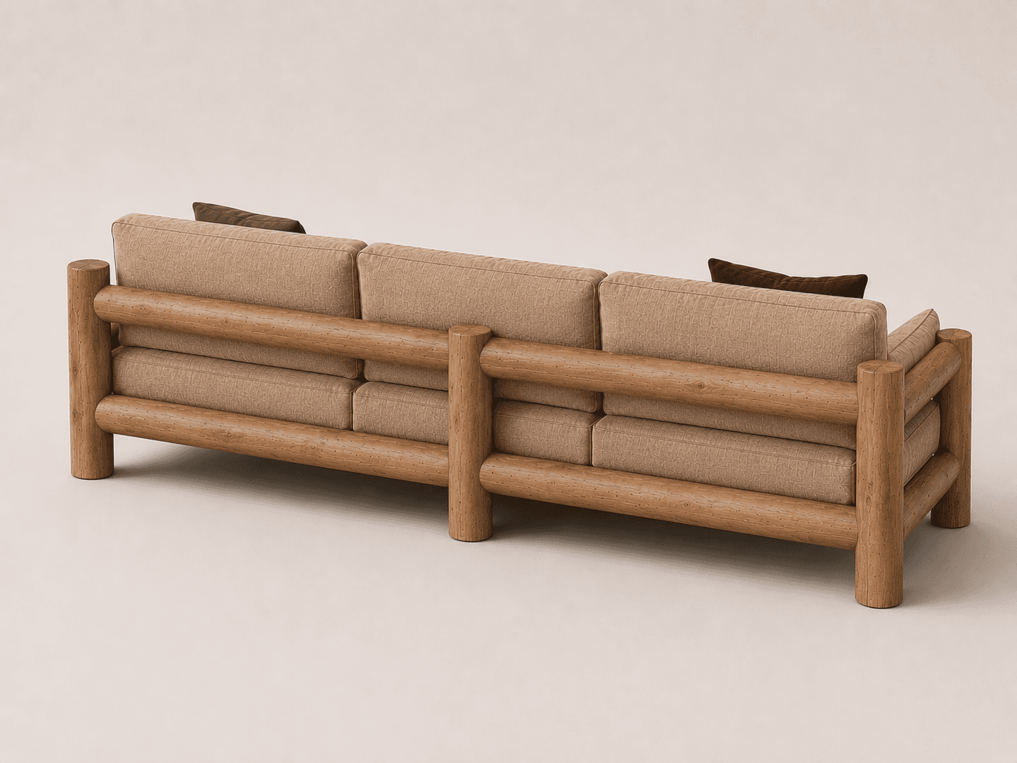 A three-seater sofa featuring a distinctive rustic design with a visible frame constructed from rounded wooden logs. The sofa includes three seat cushions and three back cushions, all upholstered in a light beige, textured fabric. Small accent pillows in dark brown and olive green are also present. The wooden elements are exposed, forming the arms, legs, and back support structure. — 3D model