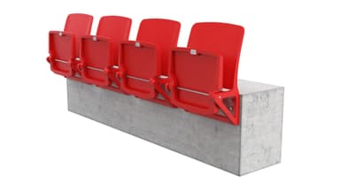 A rendering of a set of four modern, red, wall-mounted stadium chairs, each designed with a foldable seat mechanism. The chairs are individually numbered '001' through '004' on their upper backrests and are attached to a textured concrete wall or riser. Each chair features a bright red plastic backrest and a contoured, foldable plastic seat, supported by a robust metal frame, suggesting durability for public use. — 3D model