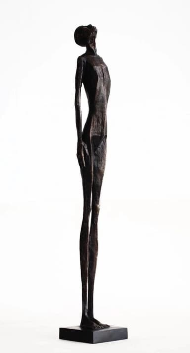 A tall, slender, abstract figurative sculpture depicting a human-like form with an elongated body and a head tilted upwards, crafted from a dark, textured material and mounted on a minimalist rectangular base. — 3D model