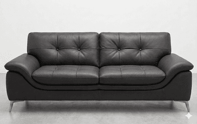 A modern two-seater sofa upholstered in dark gray leather. The sofa features a tufted design on the back cushions and seat cushions, with buttons accentuating the tufts. It has curved armrests and rests on four sleek, silver-toned metal legs. — 3D model