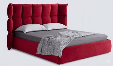 A contemporary upholstered platform bed featuring a bright red velvet finish. The headboard has horizontal tufting and distinctive flared, padded side wings. The bed frame is also fully upholstered, creating a cohesive and plush appearance. — 3D model