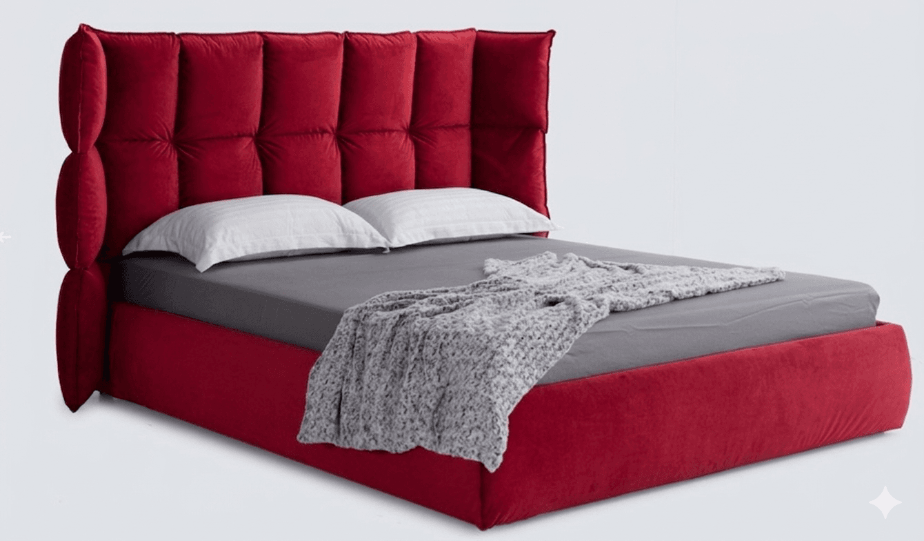 A contemporary upholstered platform bed featuring a bright red velvet finish. The headboard has horizontal tufting and distinctive flared, padded side wings. The bed frame is also fully upholstered, creating a cohesive and plush appearance. — 3D model