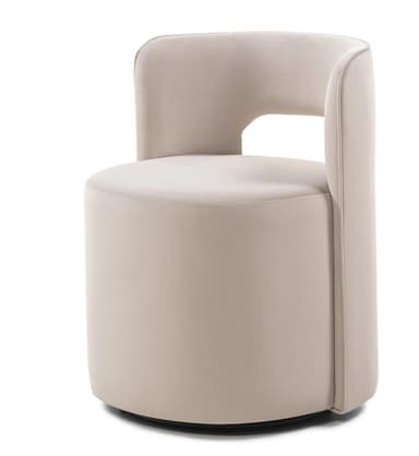 A contemporary upholstered accent chair featuring a rounded, barrel-like silhouette, a low backrest with a distinctive cutout, and a fully upholstered cylindrical base, suggesting a swivel mechanism. The chair is covered in a light beige, plush fabric. — 3D model