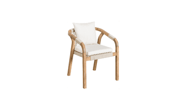 A wooden armchair with a woven seat and back support. It features curved wooden arms and legs, and includes a plush white cushion for the seat and a matching pillow for the back. The seat support is made of a tightly woven natural fiber material. — 3D model