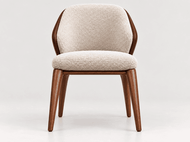 This is a contemporary armchair featuring a distinctive barrel-back design. The chair is upholstered in a light beige, subtly textured fabric with an intricate, organic pattern. A smooth, dark-stained wooden frame outlines the top and sides of the backrest, flowing down to form the four tapered legs. The seat cushion is integrated and matches the backrest's upholstery, creating a cohesive and inviting aesthetic. — 3D model