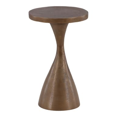 A small, round-topped accent table featuring a unique, sculptural pedestal base. The base tapers significantly in the middle before flaring out to a broader, stable bottom. It is made of metal with an antiqued bronze finish. — 3D model