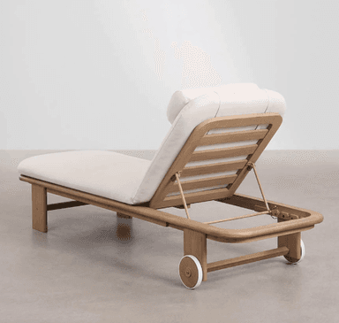 A chaise lounge with a wooden frame and a padded, upholstered cushion. It features an adjustable backrest and a headrest. Two wheels are visible at the rear of the frame, suggesting mobility. — 3D model