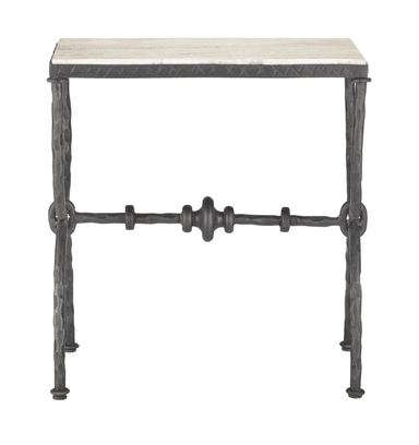 A rectangular console table featuring a light-colored, naturally veined marble top and a dark, hammered wrought iron base with an X-frame leg structure and a decorative central stretcher. — 3D model
