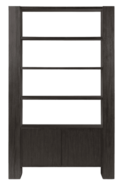 A tall, rectangular dark wood bookcase featuring a minimalist design. The upper section consists of four open shelves, while the lower section is composed of two integrated cabinets with solid doors, providing concealed storage. The wood exhibits a visible grain texture and a dark, possibly charcoal or espresso, finish. The construction appears sturdy with thick vertical side panels and horizontal shelves. — 3D model
