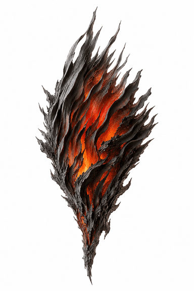 An abstract, sculptural wall-mounted light fixture featuring a dark, jagged, organic exterior that resembles scorched wood or molten rock. The interior emits a vibrant, fiery orange-red glow, creating a dramatic contrast. The object has an elongated, flame-like or teardrop silhouette, tapering at both ends. Its surface is highly textured with irregular, sharp protrusions, enhancing its raw and energetic appearance. — 3D model